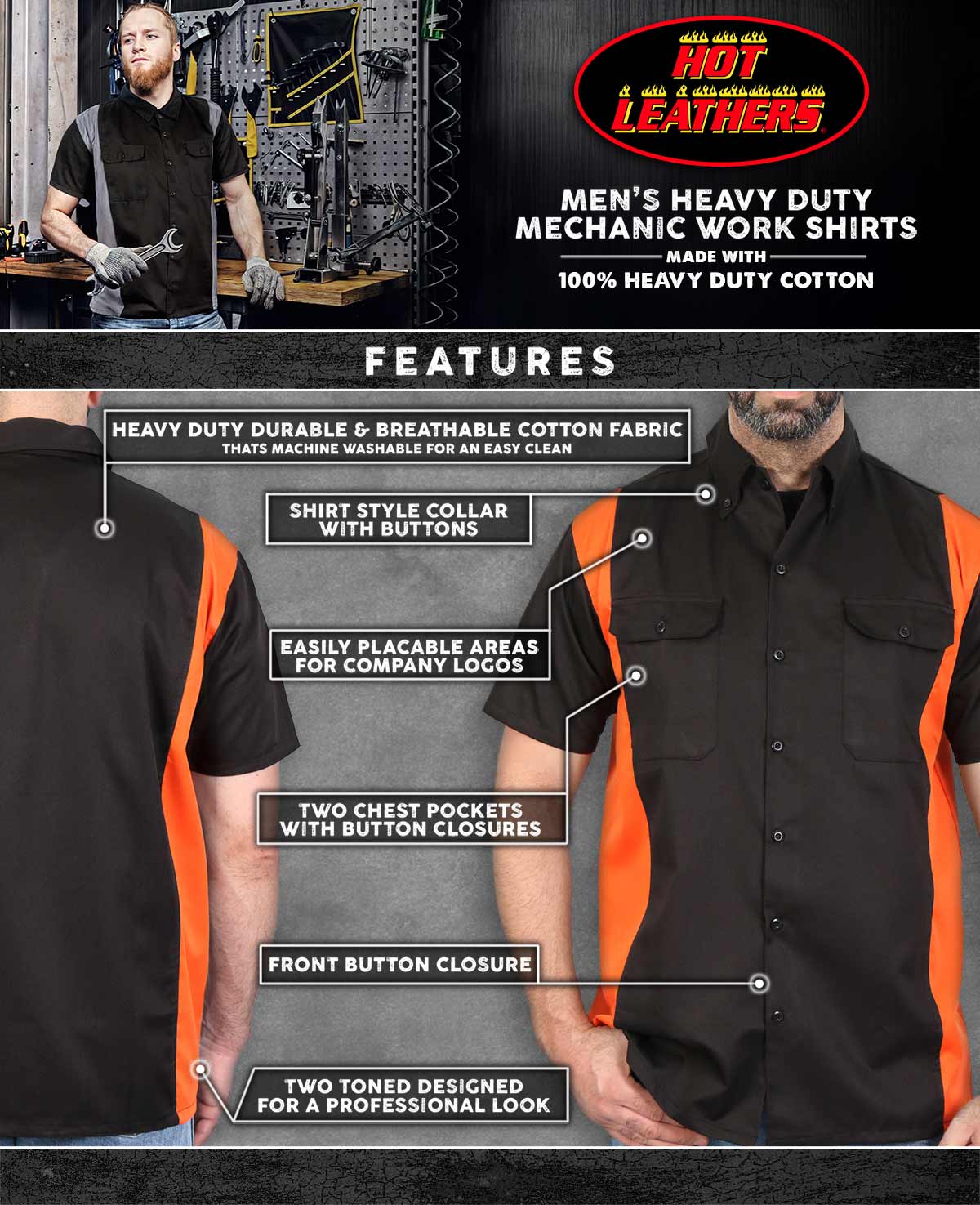 Hot Leathers GMM1003 Men's Mechanics 2-Tone Sides Button Up Heavy-Duty Work Shirt for | Classic Mechanic Work Shirt - Image 2