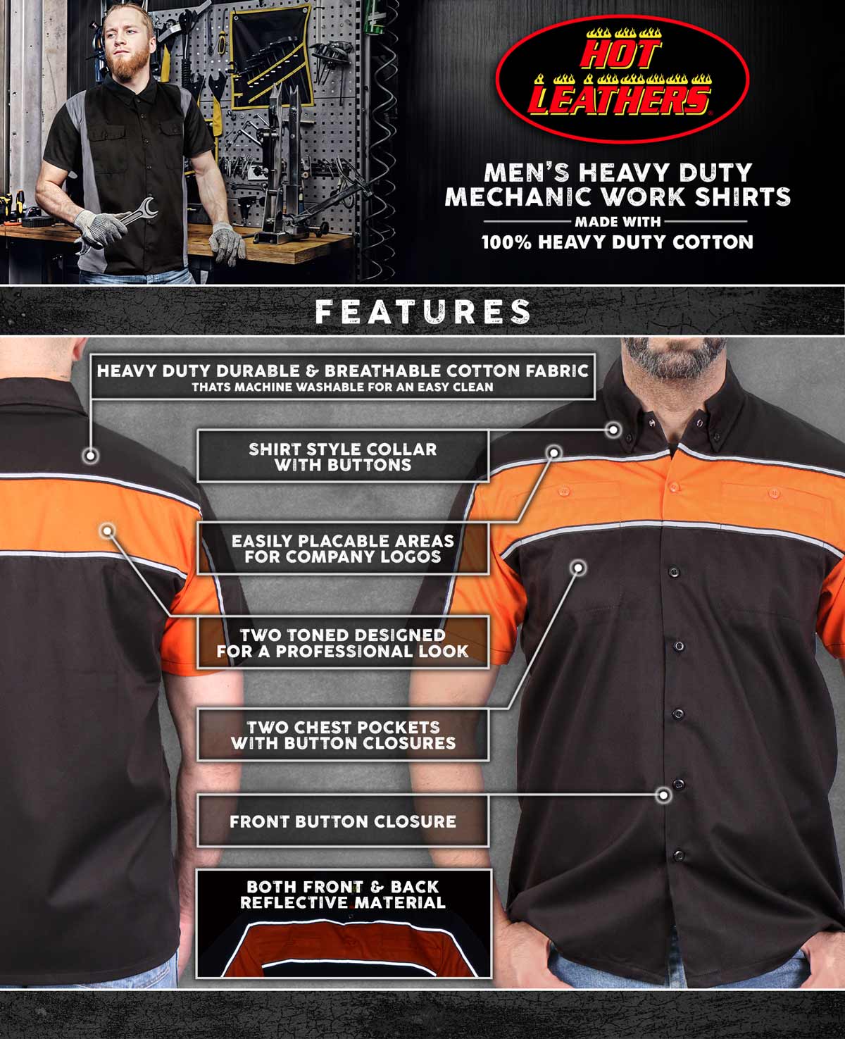 Hot Leathers GMM1004 Men's Mechanics 2-Tone Sides Button Up Heavy-Duty Work Shirt for | Classic Mechanic Work Shirt - Image 2