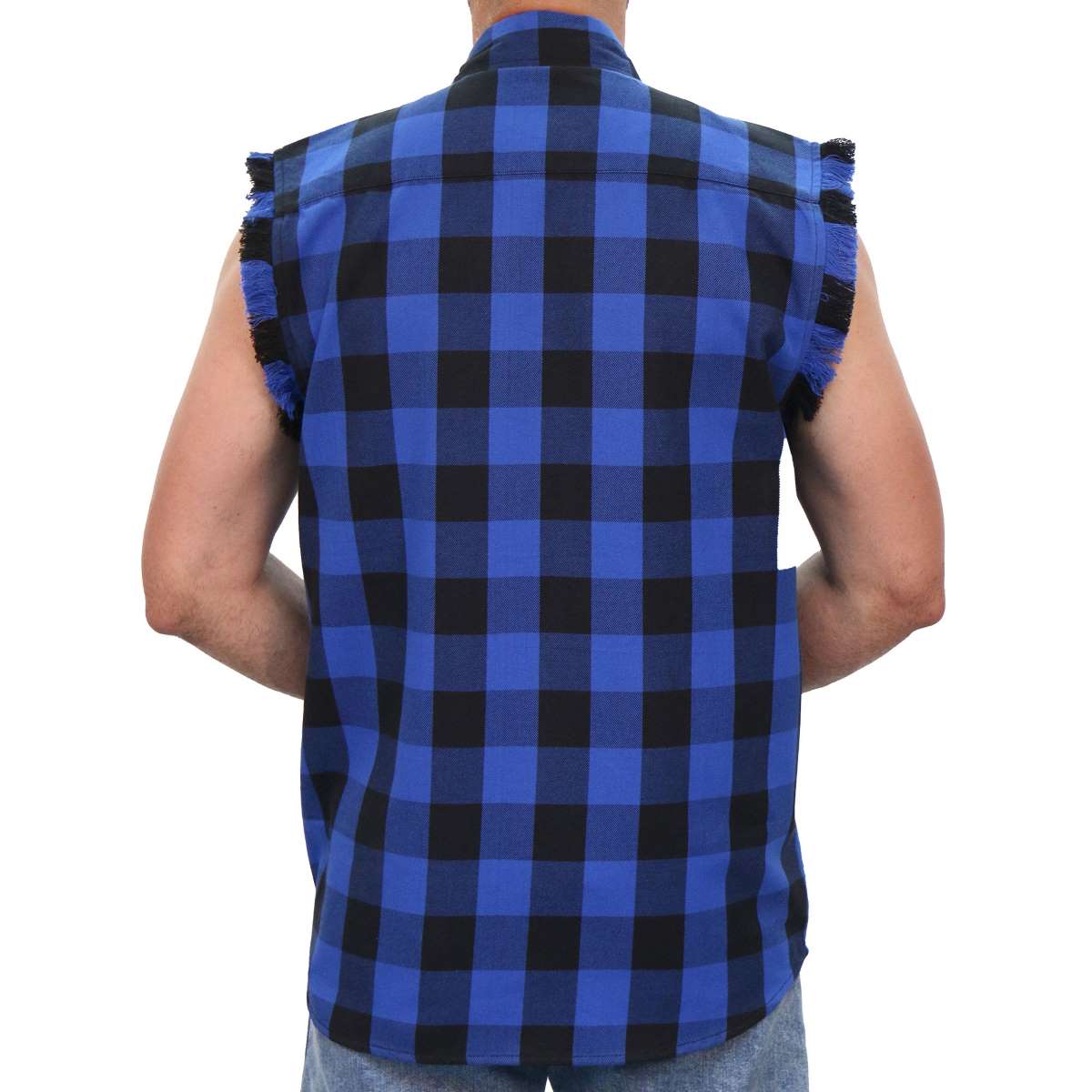 Hot Leathers FLM5208 Men's Sleeveless Fringe Blue and Black Flannel Shirt - Image 2