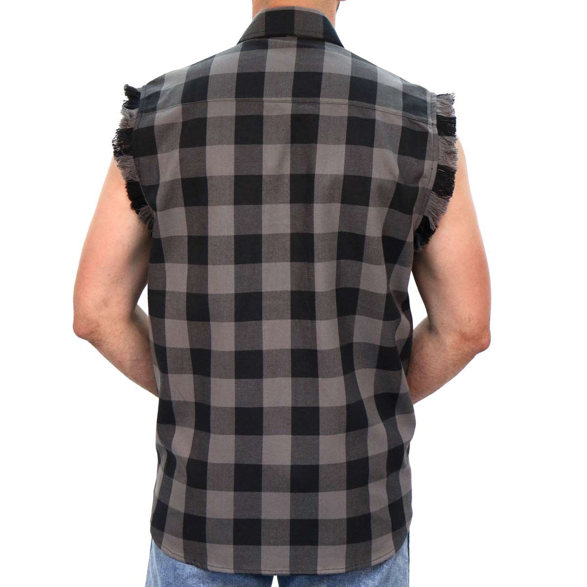 Hot Leathers FLM5203 Men's Sleeveless Fringe Grey and Black Flannel Shirt - Image 2