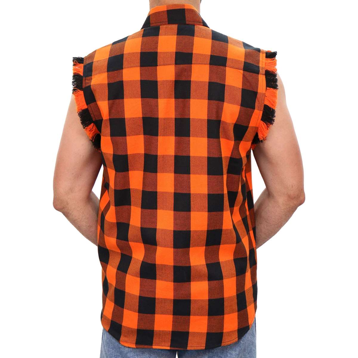 Hot Leathers FLM5210 Men's Sleeveless Fringe Orange and Black Flannel Shirt - Image 2
