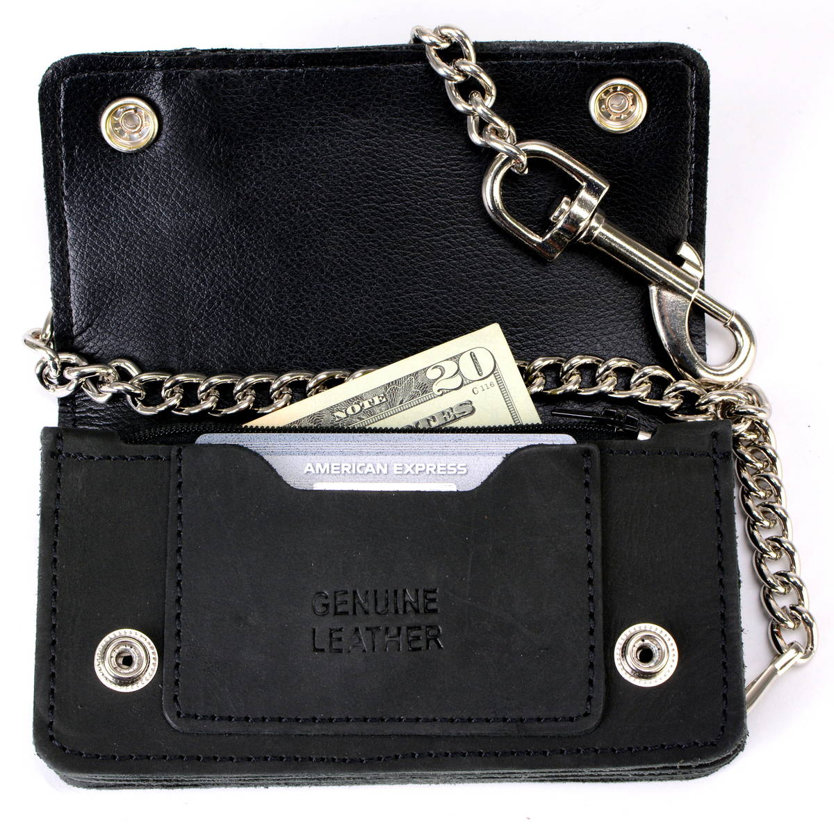 Hot Leathers WLC3108 Men's 6" Black Premium Leather Bi-Fold Biker Wallet w/ Zipper Pocket - Image 6
