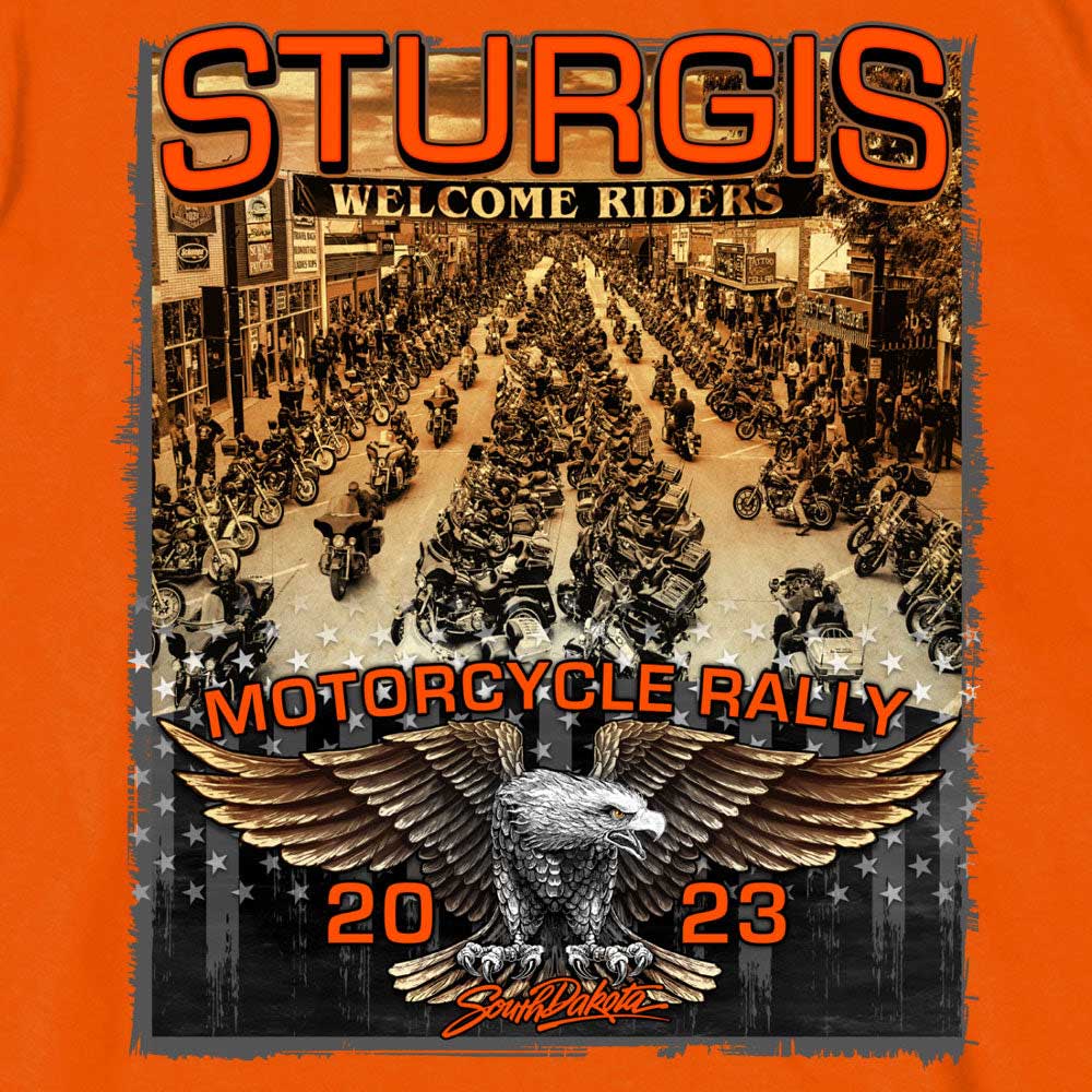 Hot Leathers SPB1083 Men’s Orange Sturgis 2023 Main Street T-Shirt - Image 2