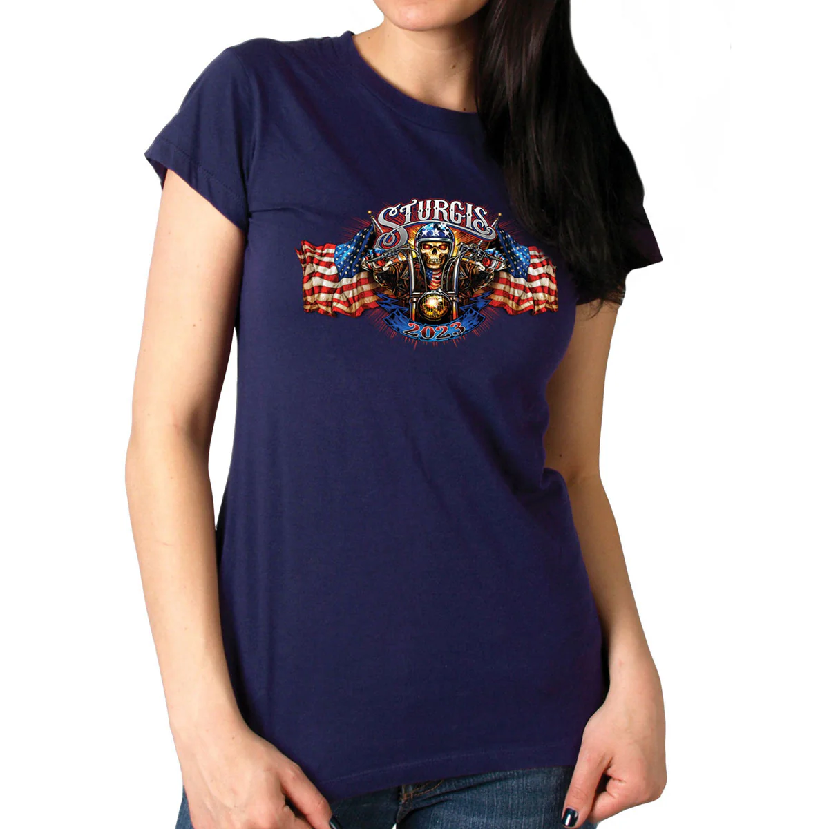 Hot Leathers SPL1825 Women's Navy Blue 2023 Sturgis # 1 American Lady Double Sided T-Shirt - Image 3