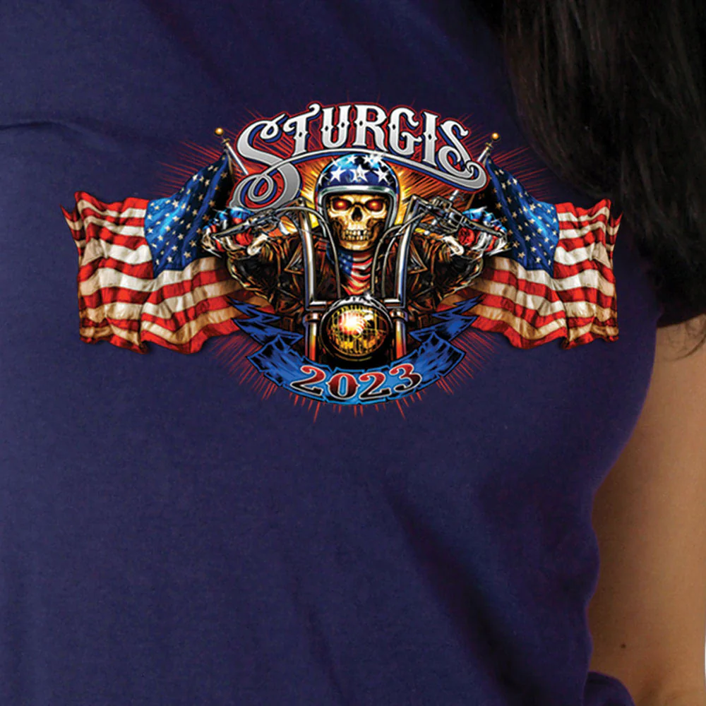 Hot Leathers SPL1825 Women's Navy Blue 2023 Sturgis # 1 American Lady Double Sided T-Shirt - Image 4