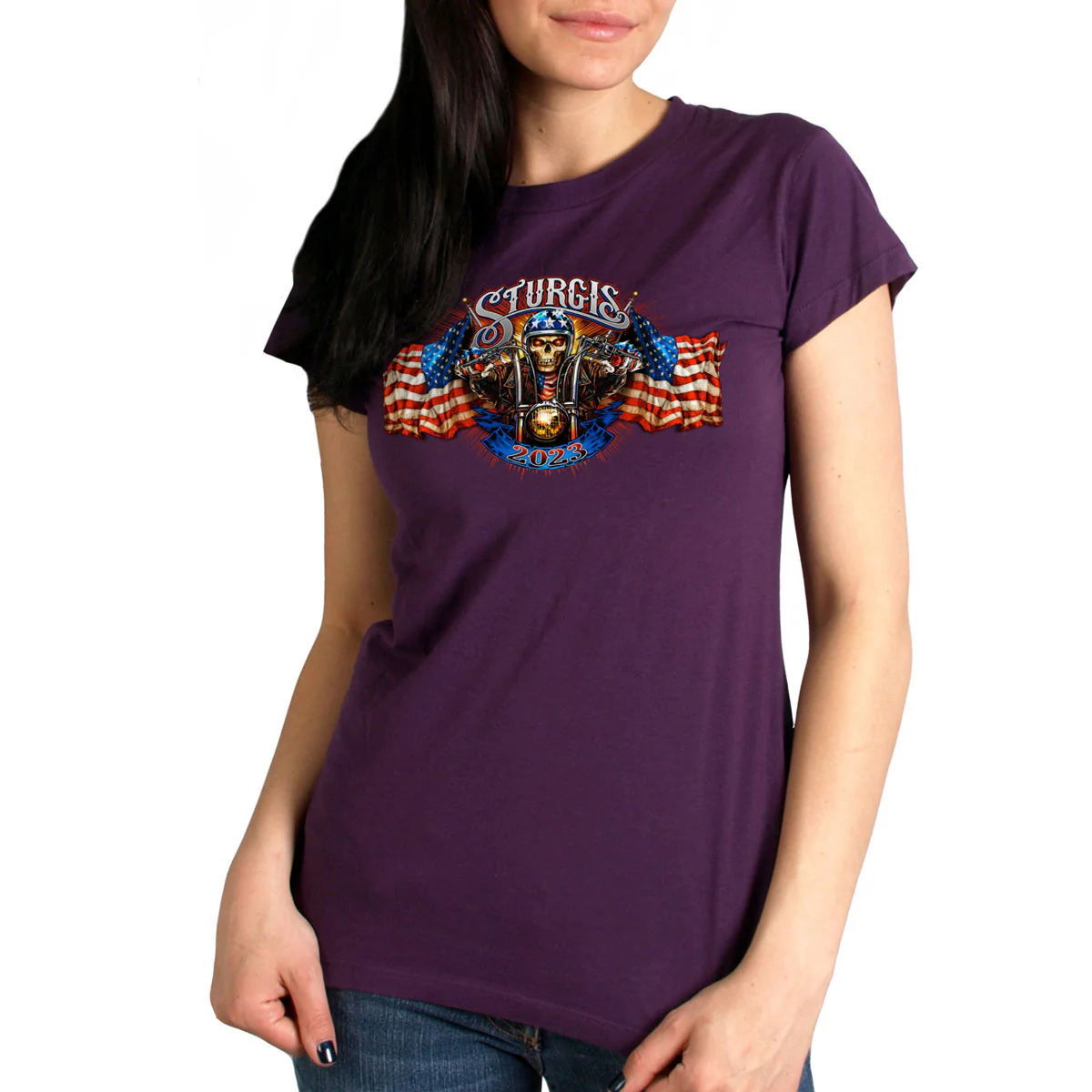 Hot Leathers SPL1826 Women's Heather Purple 2023 Sturgis # 1 American Lady Double Sided T-Shirt - Image 2
