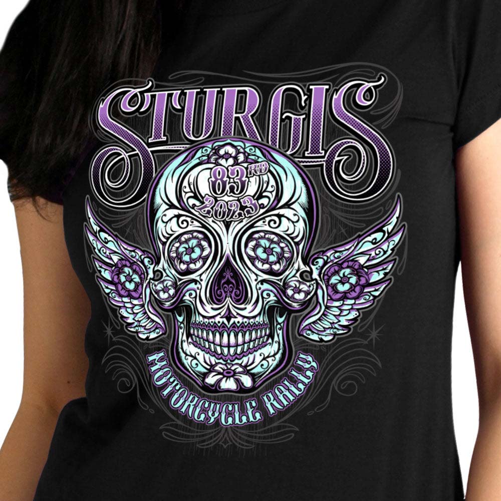 Hot Leathers SPL1827 Women's Black 2023 Sturgis Antique Sugar Skull T-Shirt - Image 2