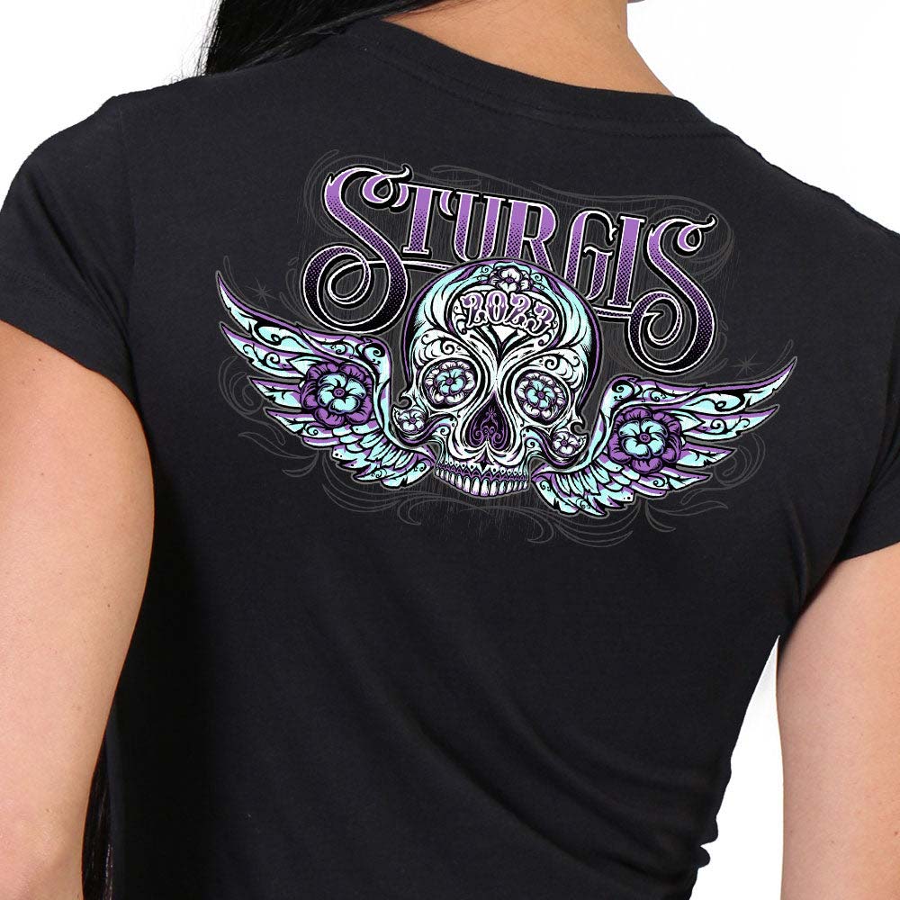 Hot Leathers SPL1827 Women's Black 2023 Sturgis Antique Sugar Skull T-Shirt - Image 4