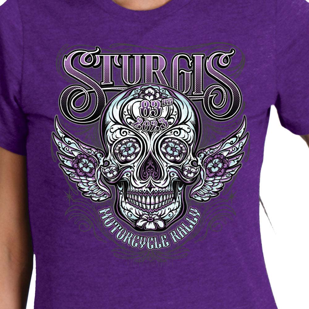 Hot Leathers SPL1829 Women's Heather Purple 2023 Sturgis Antique Sugar Skull T-Shirt - Image 2