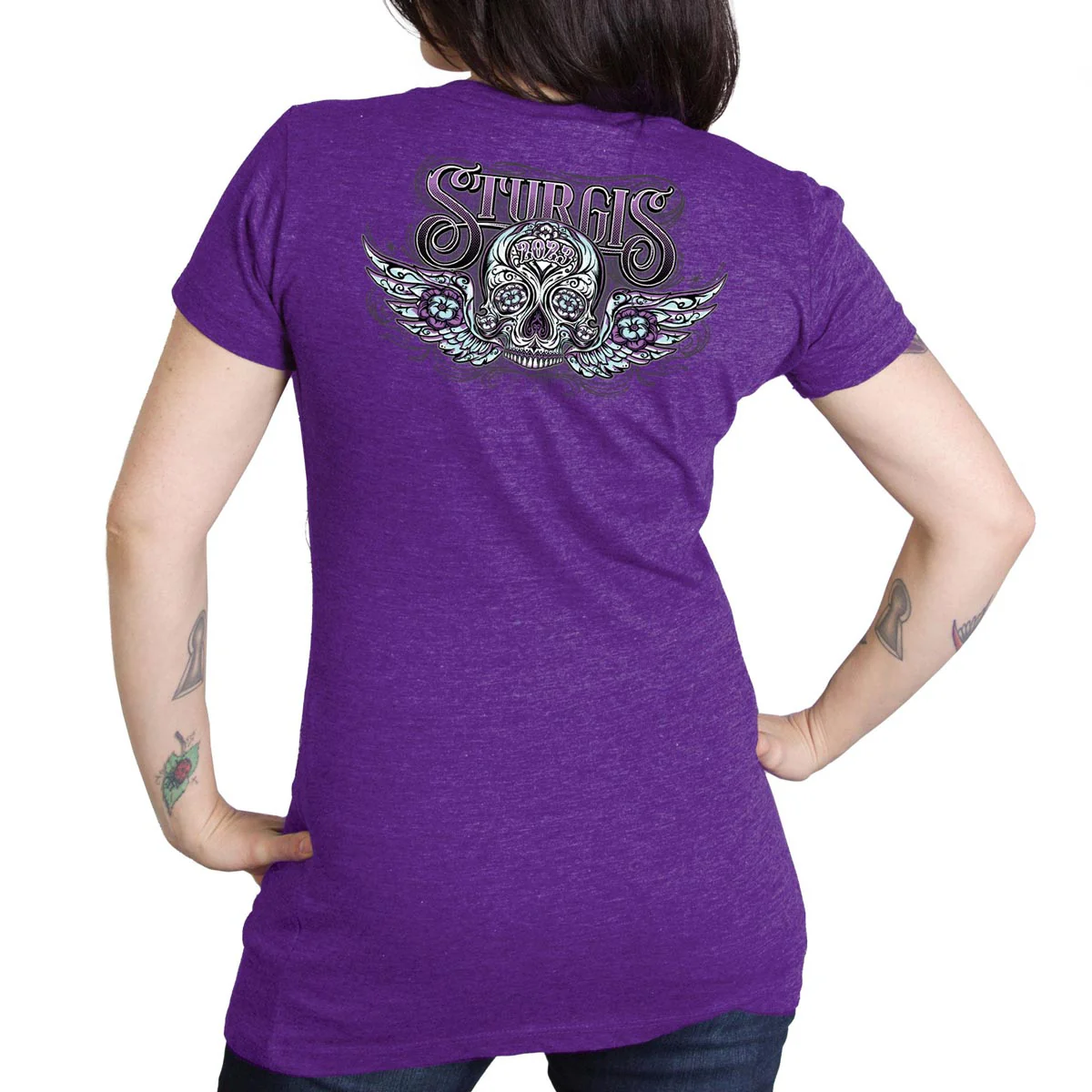Hot Leathers SPL1829 Women's Heather Purple 2023 Sturgis Antique Sugar Skull T-Shirt - Image 3