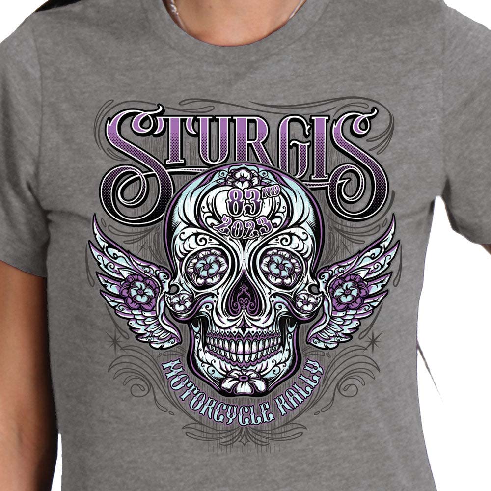 Hot Leathers SPL1830 Women's Heather Gray 2023 Sturgis Antique Sugar Skull T-Shirt - Image 2