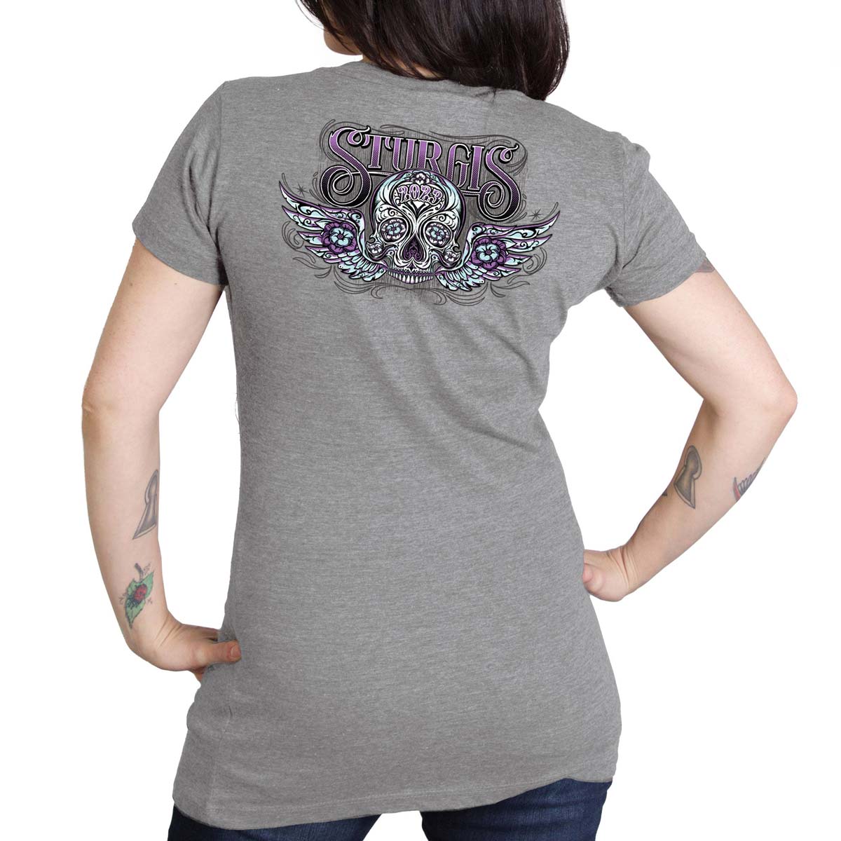 Hot Leathers SPL1830 Women's Heather Gray 2023 Sturgis Antique Sugar Skull T-Shirt - Image 3