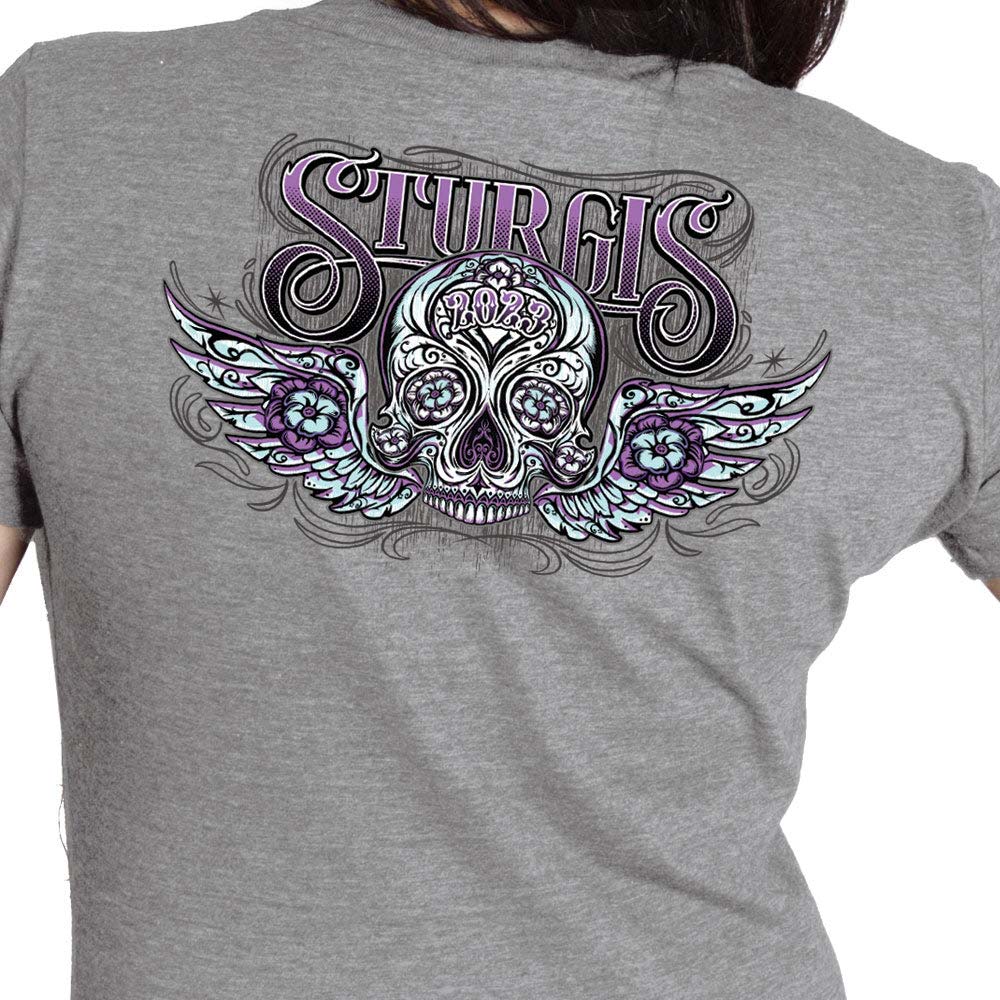 Hot Leathers SPL1830 Women's Heather Gray 2023 Sturgis Antique Sugar Skull T-Shirt - Image 4