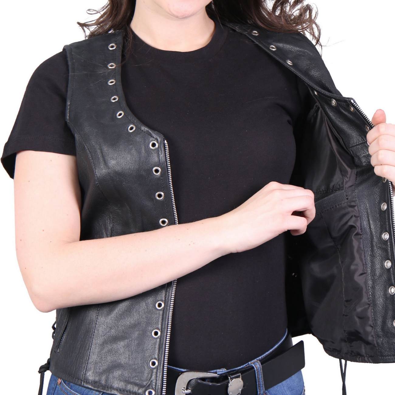 Hot Leathers VSL1009 Ladies Black Lambskin Vest with Grommet Accents - Image 5