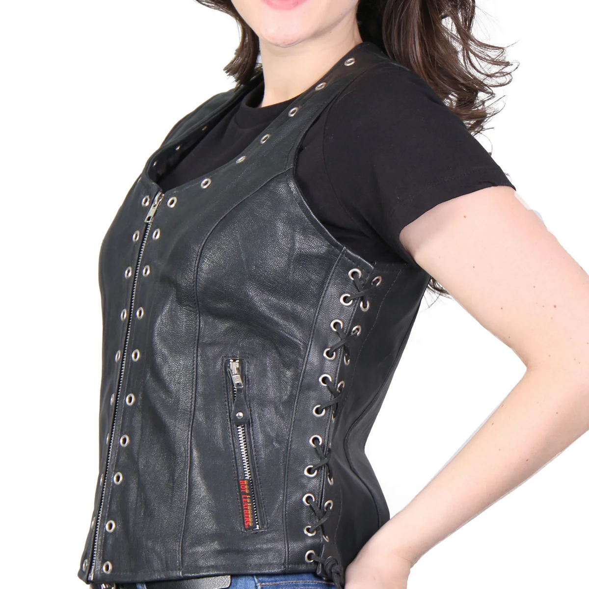 Hot Leathers VSL1009 Ladies Black Lambskin Vest with Grommet Accents - Image 7