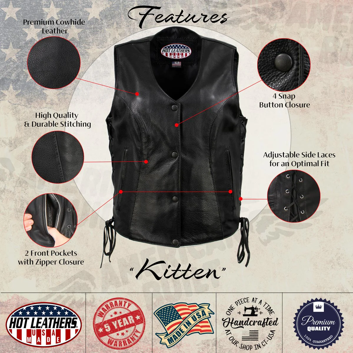 Hot Leathers VSL5002 USA Made Women's 'Kitten' Black Leather Motorcycle Vest with Side Laces - Image 2