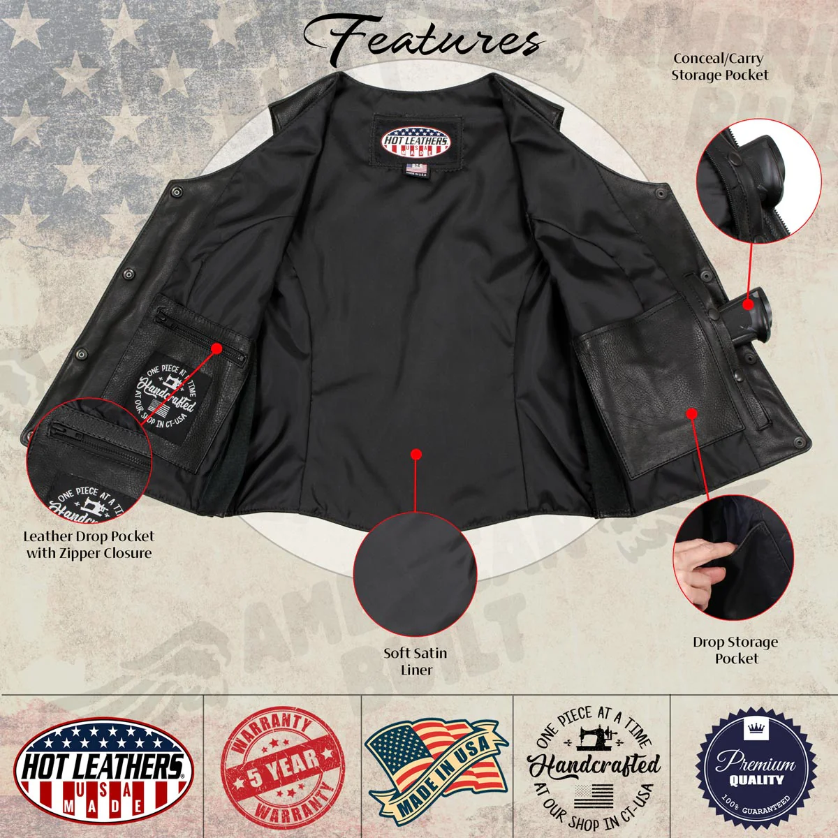 Hot Leathers VSL5002 USA Made Women's 'Kitten' Black Leather Motorcycle Vest with Side Laces - Image 4