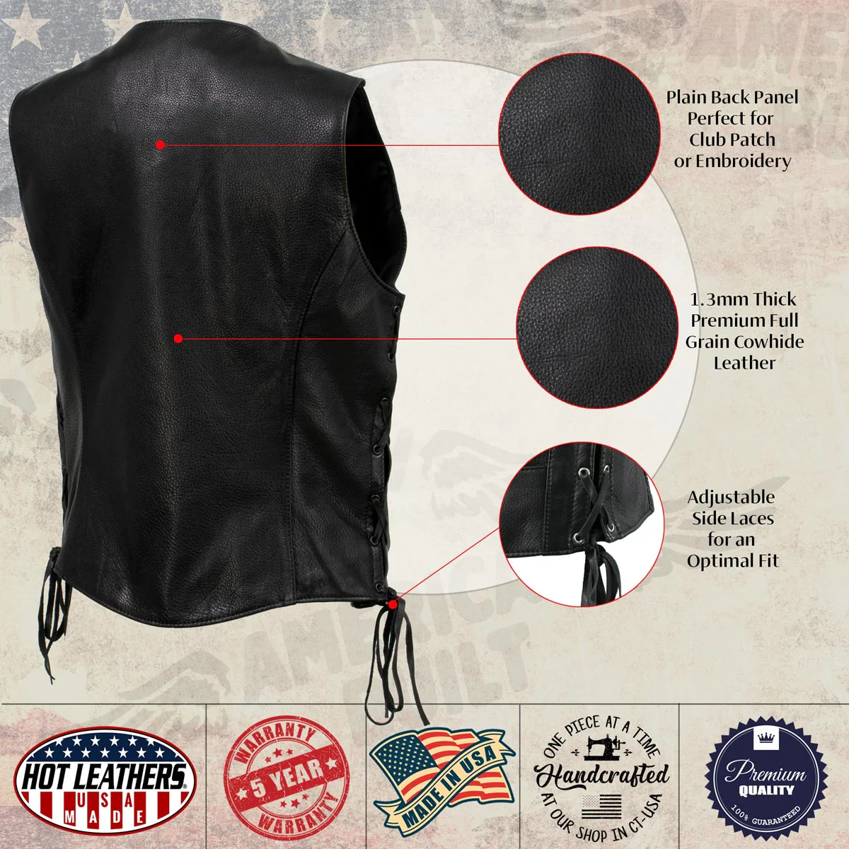 Hot Leathers VSL5002 USA Made Women's 'Kitten' Black Leather Motorcycle Vest with Side Laces - Image 5