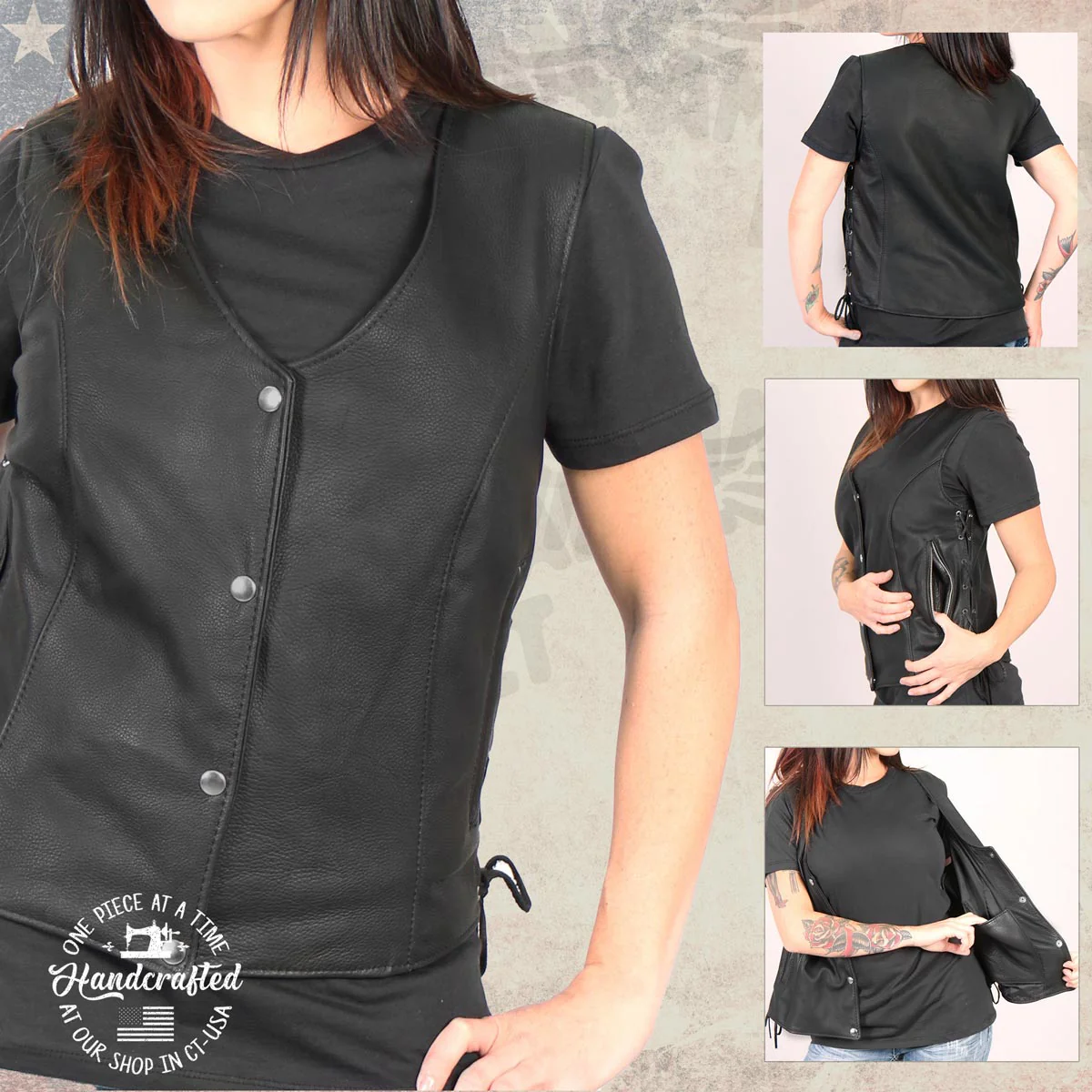 Hot Leathers VSL5002 USA Made Women's 'Kitten' Black Leather Motorcycle Vest with Side Laces - Image 6