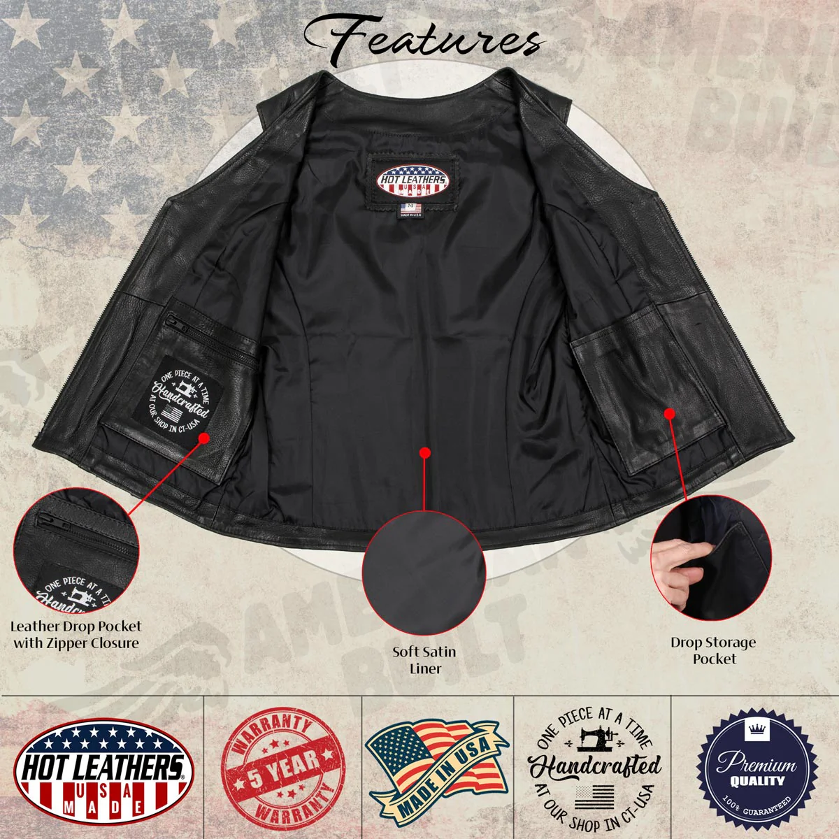 Hot Leathers VSL5003 USA Made Women's 'Speed Queen' Black Leather Vest with Front Zipper - Image 4