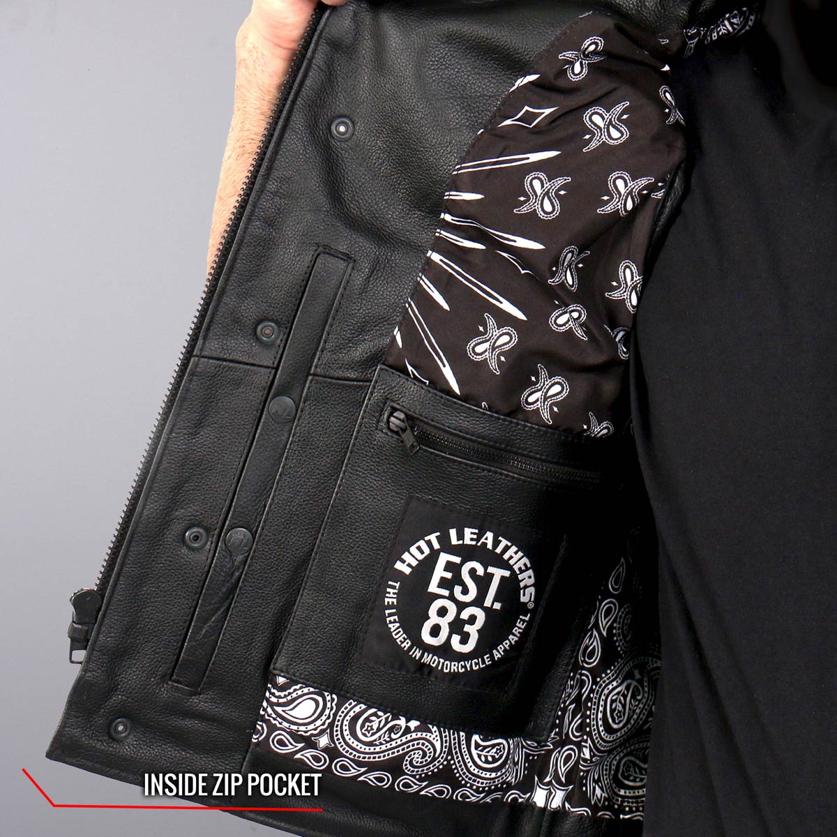 Hot Leathers VSM1049 Men's Black Paisley Conceal and Carry Motorcycle Club Style Leather Vest - Image 7