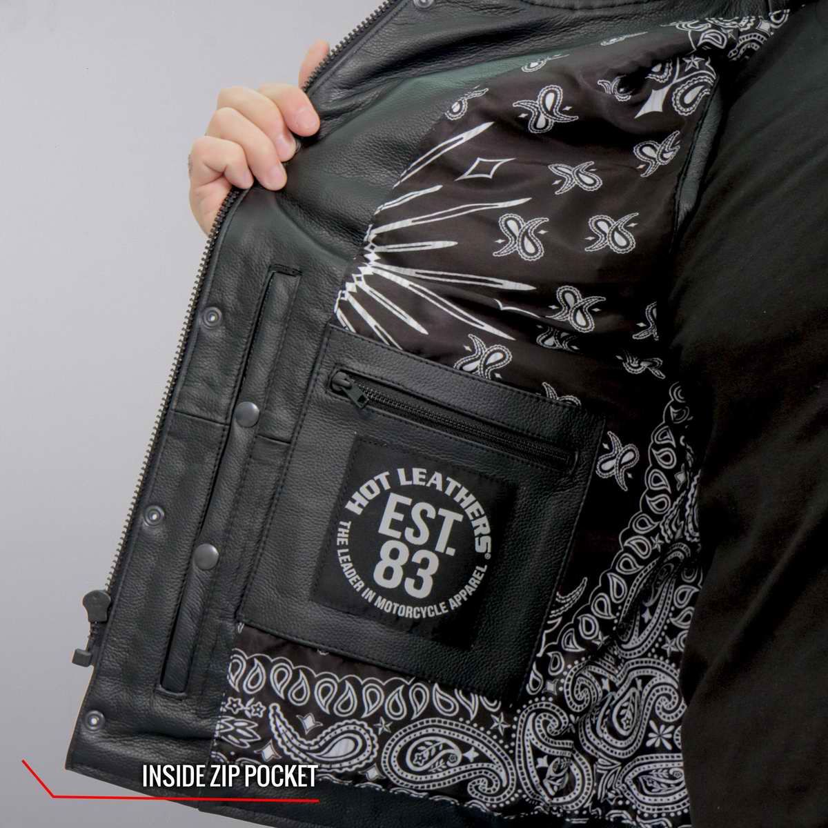 Hot Leathers VSM1049 Men's Black Paisley Conceal and Carry Motorcycle Club Style Leather Vest - Image 9