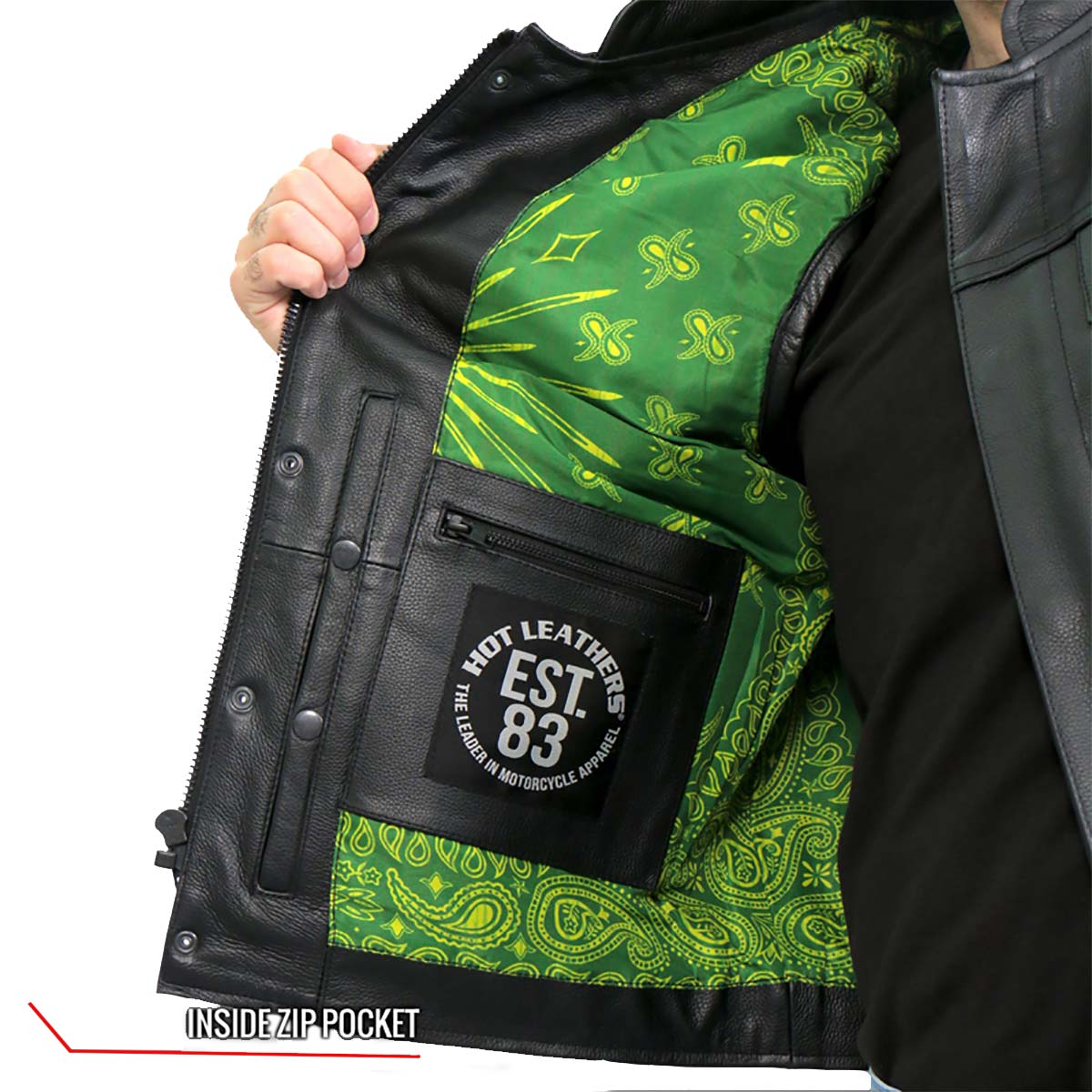 Hot Leathers VSM1050 Men’s Black Paisley Green Conceal and Carry Leather Vest - Image 5