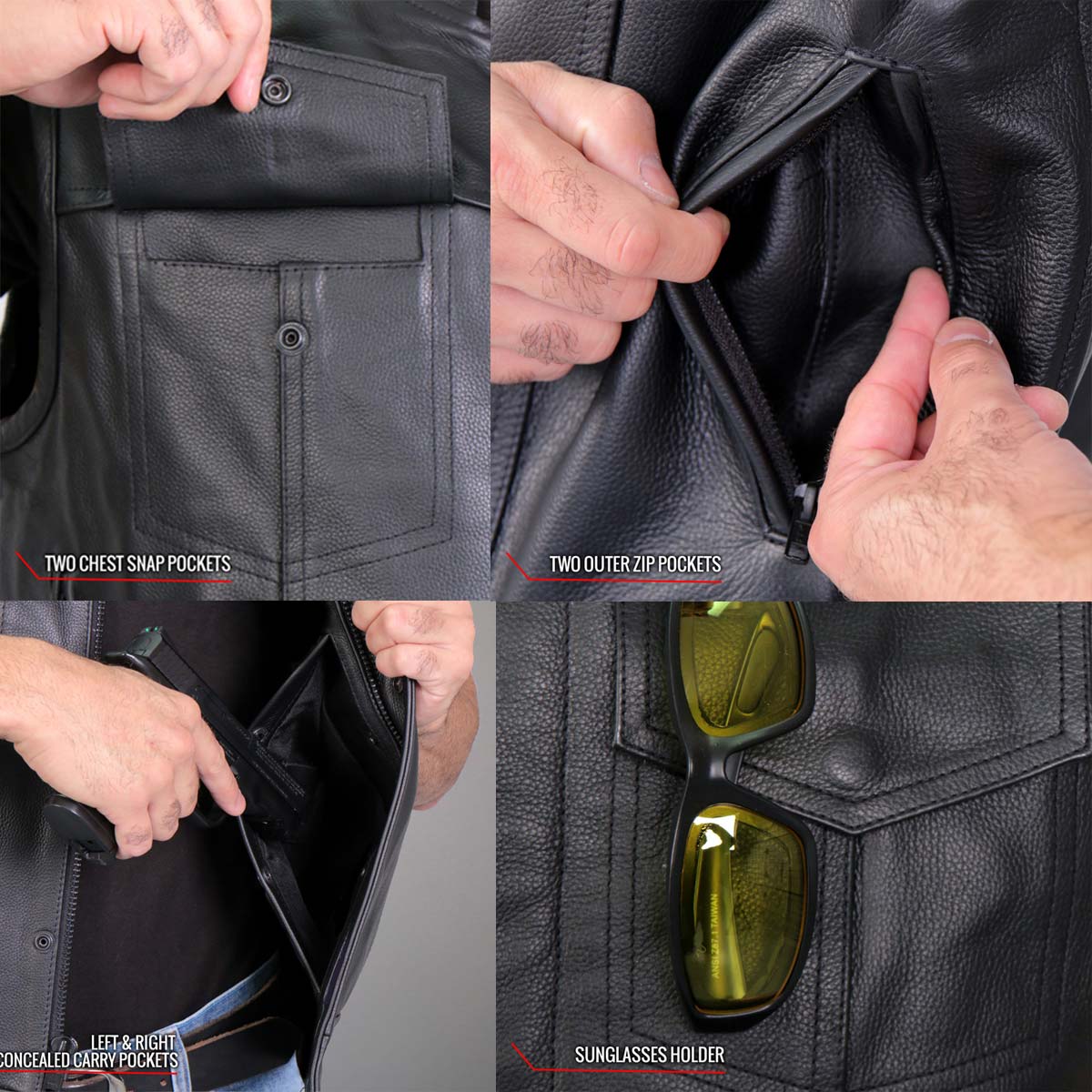 Hot Leathers VSM1055 Men’s Black Over The Top Skull Conceal and Carry Leather Vest - Image 9