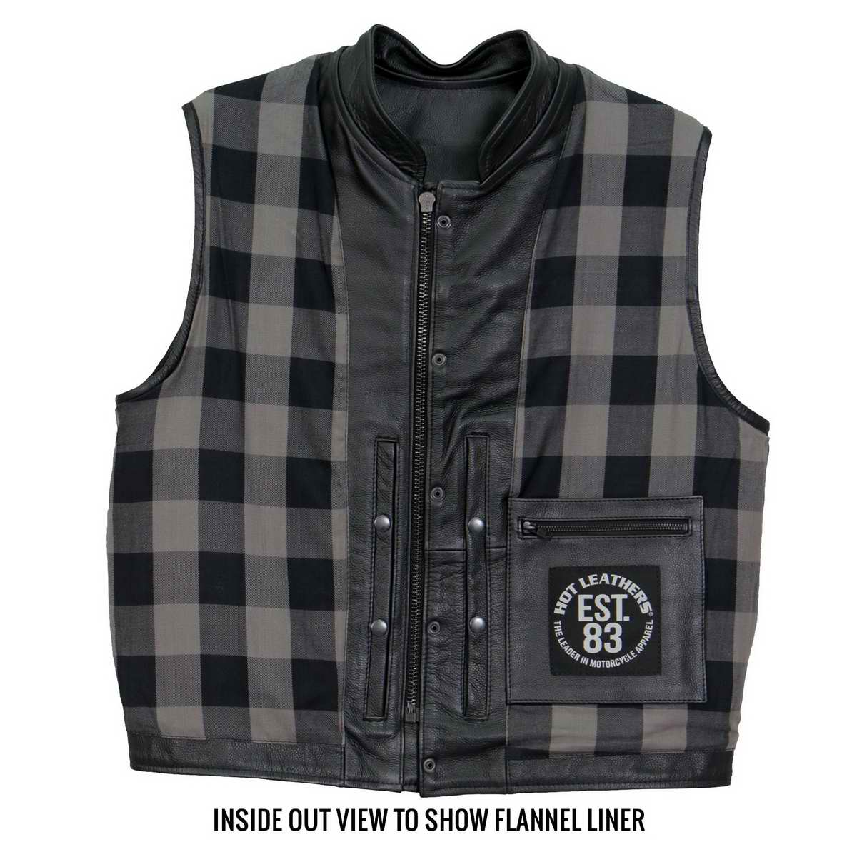 Hot Leathers VSM1059 Men's Black Flannel Grey Conceal and Carry Leather Vest - Image 5