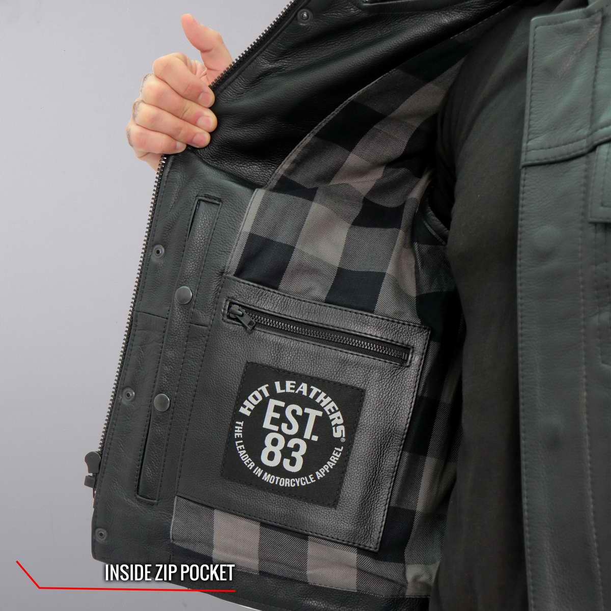 Hot Leathers VSM1059 Men's Black Flannel Grey Conceal and Carry Leather Vest - Image 7