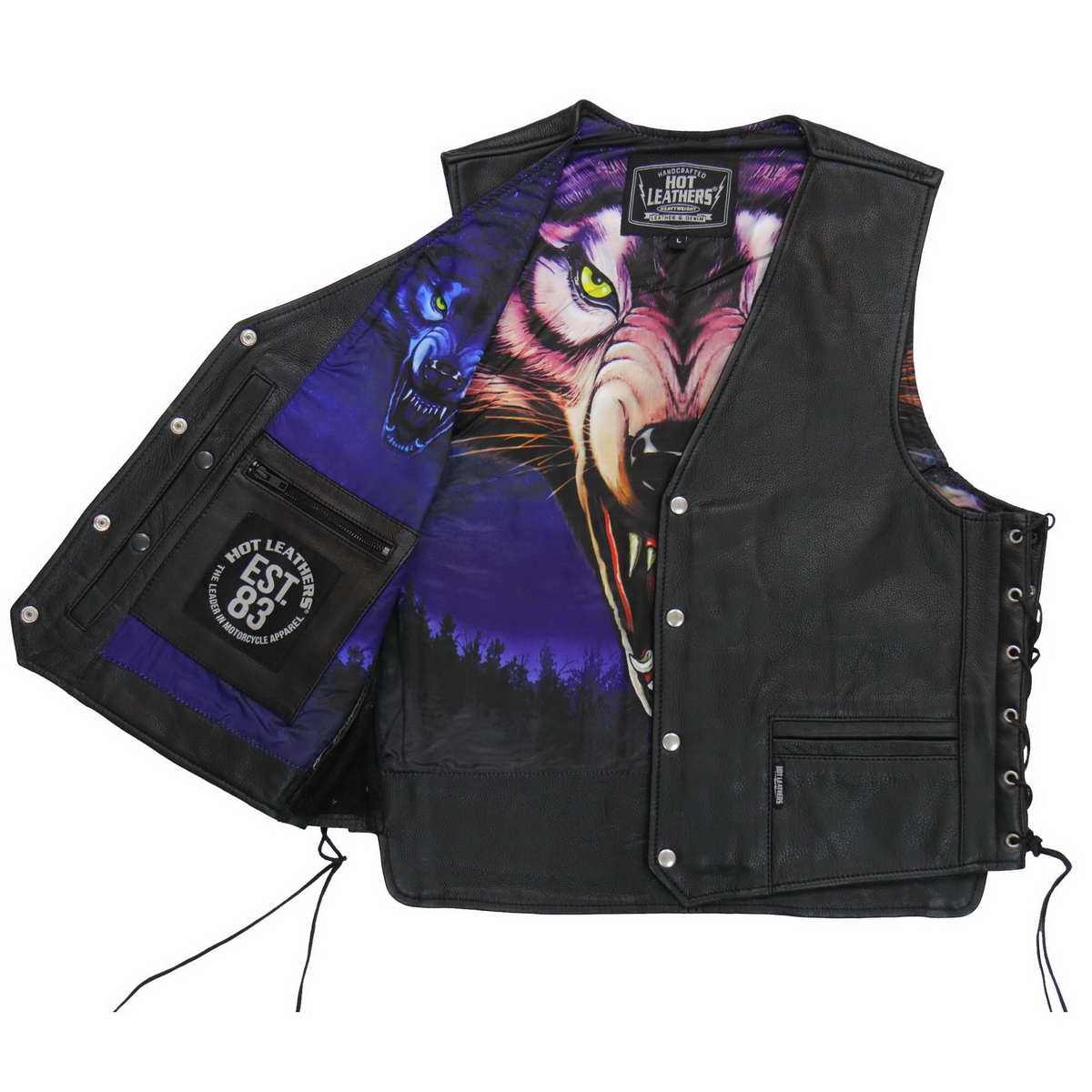Hot Leathers VSM1062 Men's Black Lone Wolf Conceal and Carry Side Lace Leather Vest - Image 5