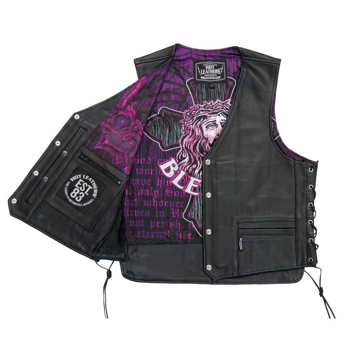 Hot Leathers VSM1063 Men's Black 'Blessed' Conceal and Carry Side Lace Leather Vest - Image 2