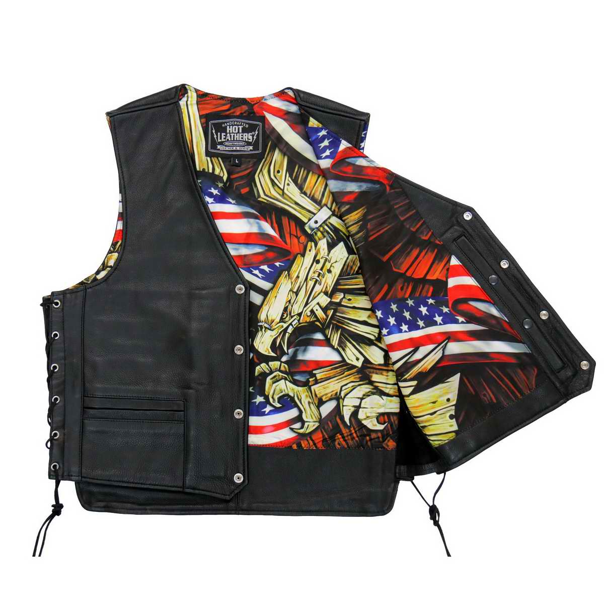 Hot Leathers VSM1065 Men's Black Wooded Eagle Conceal and Carry Side Lace Leather Vest