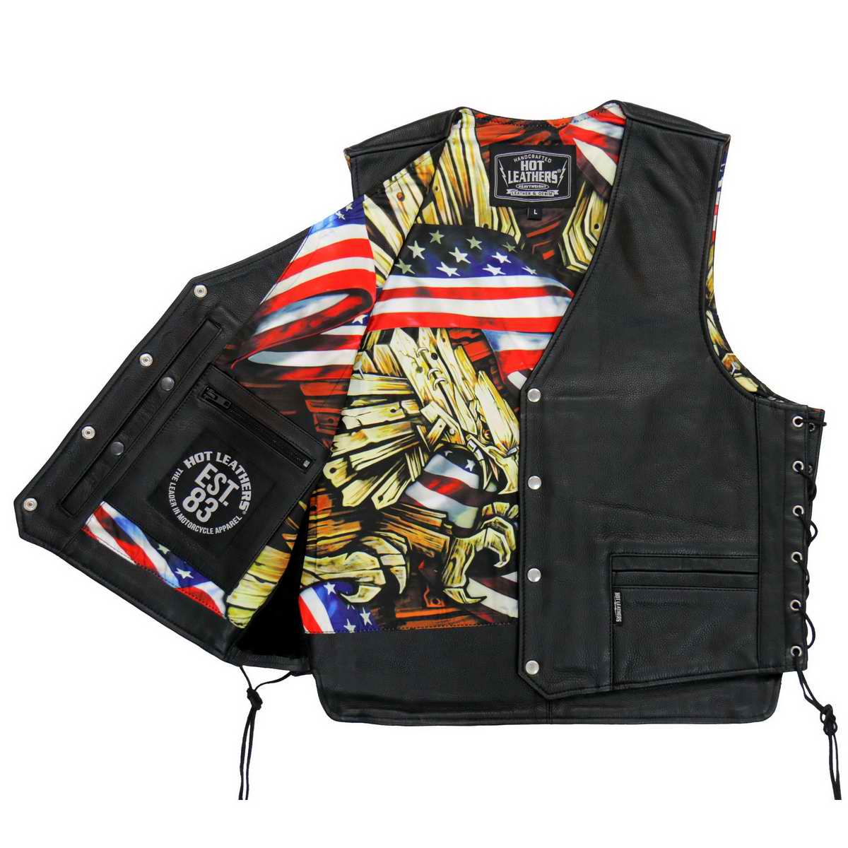 Hot Leathers VSM1065 Men's Black Wooded Eagle Conceal and Carry Side Lace Leather Vest - Image 2