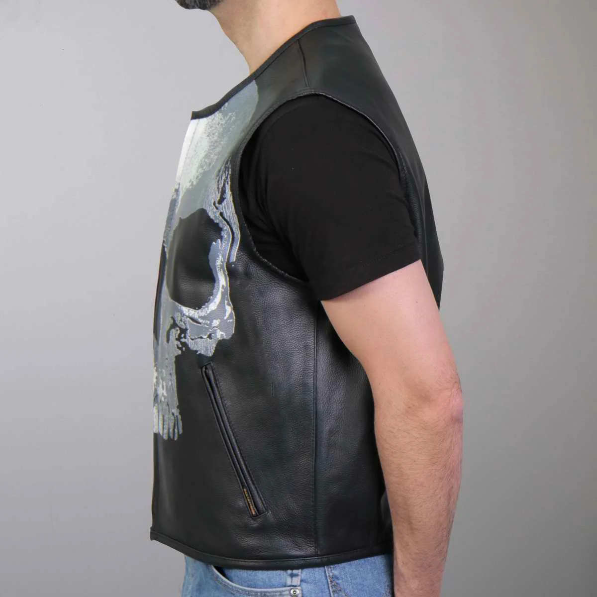 Hot Leathers VSM2001 Men's Black ‘Jumbo Skull’ Conceal and Carry Leather Vest - Image 2