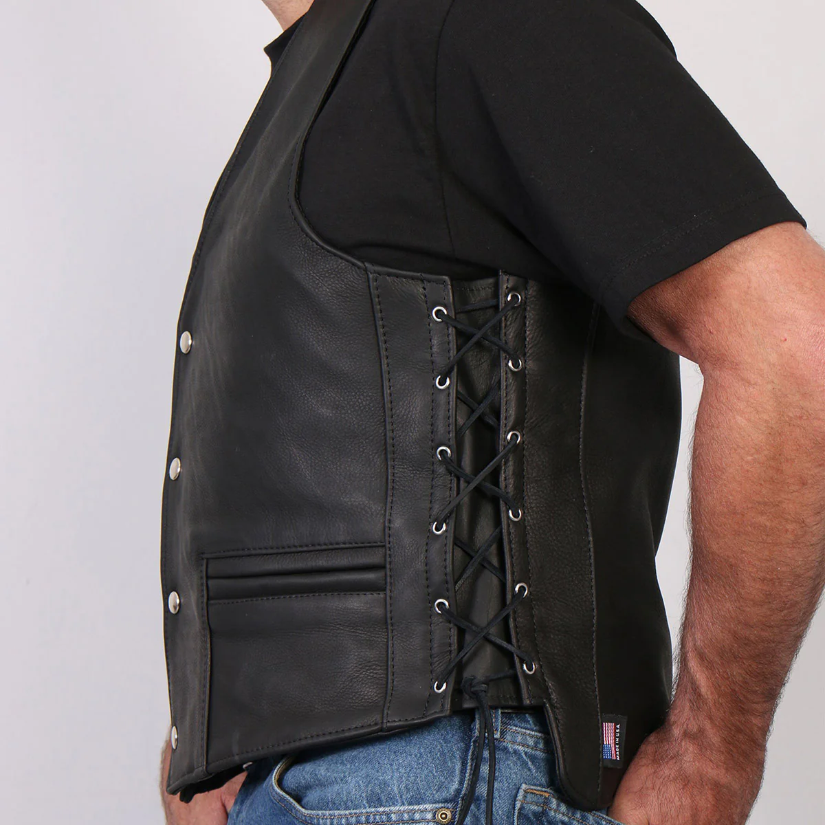 Hot Leathers VSM5003 USA Made Men's Black Extra Long Back Premium Steerhide Leather Vest - Image 6