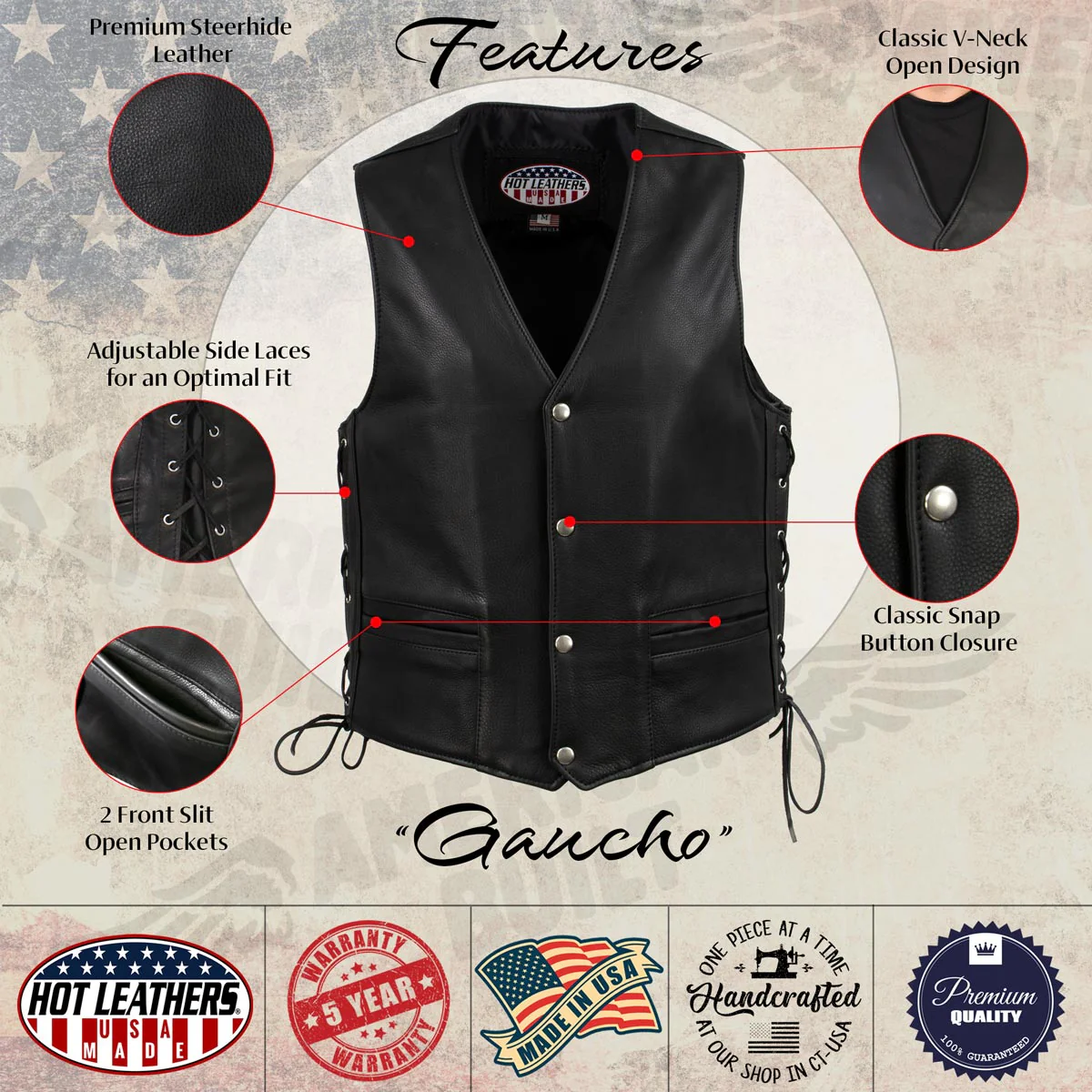 Hot Leathers VSM5003 USA Made Men's 'Gaucho' Black Extra Long Back Premium Steerhide Leather Vest - Image 2