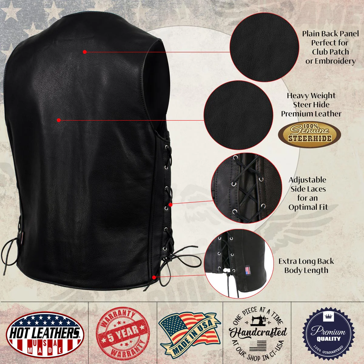 Hot Leathers VSM5003 USA Made Men's 'Gaucho' Black Extra Long Back Premium Steerhide Leather Vest - Image 4