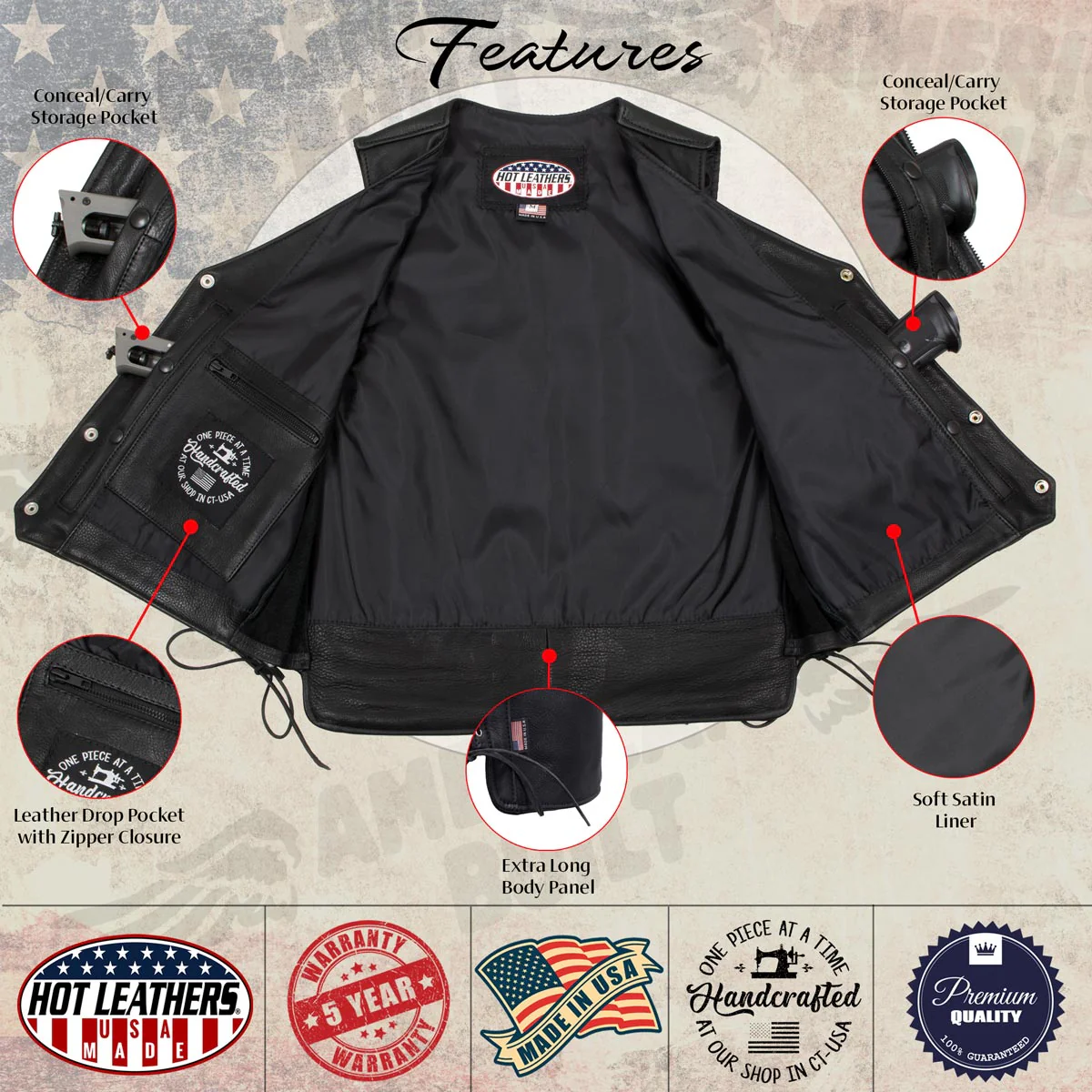 Hot Leathers VSM5003 USA Made Men's 'Gaucho' Black Extra Long Back Premium Steerhide Leather Vest - Image 5