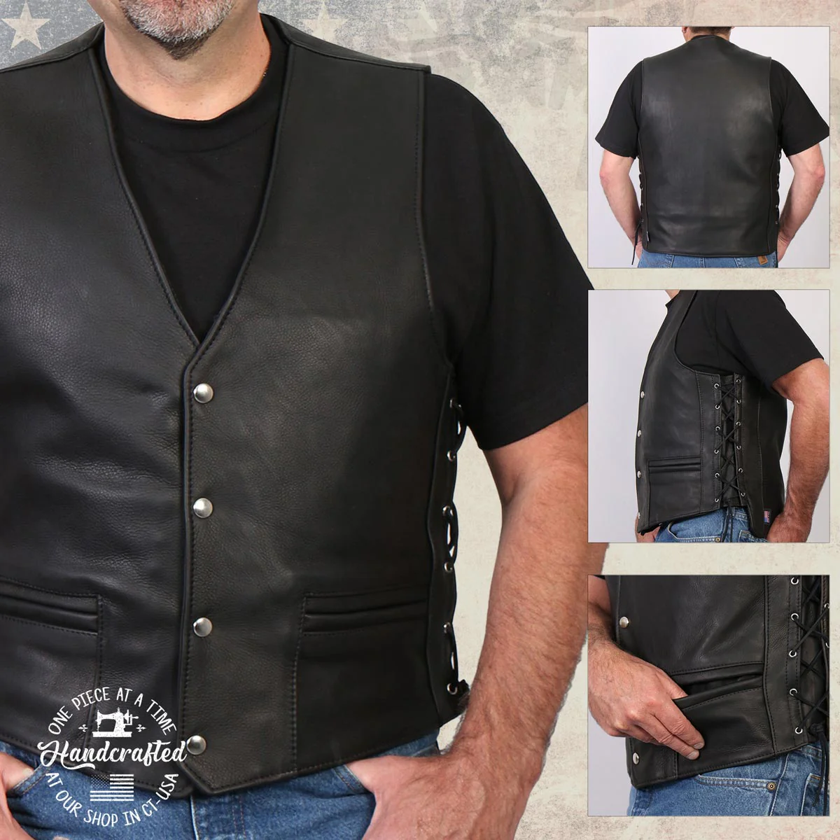 Hot Leathers VSM5003 USA Made Men's 'Gaucho' Black Extra Long Back Premium Steerhide Leather Vest - Image 6