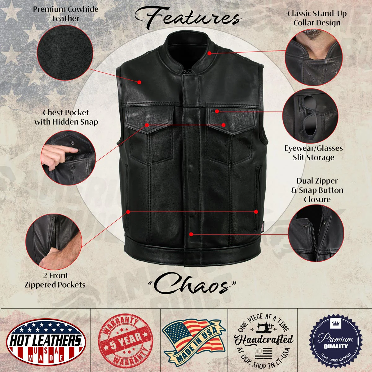 Hot Leathers VSM5004 USA Made Men's 'Chaos' Black Premium Dual Closure Leather Vest - Image 2