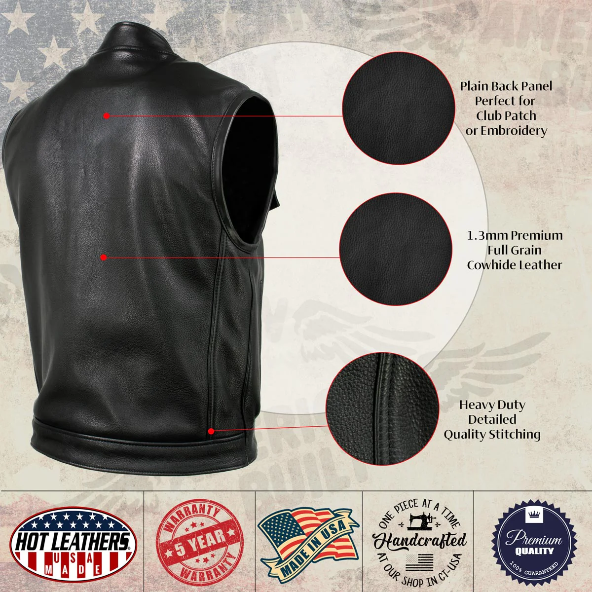 Hot Leathers VSM5004 USA Made Men's 'Chaos' Black Premium Dual Closure Leather Vest - Image 4