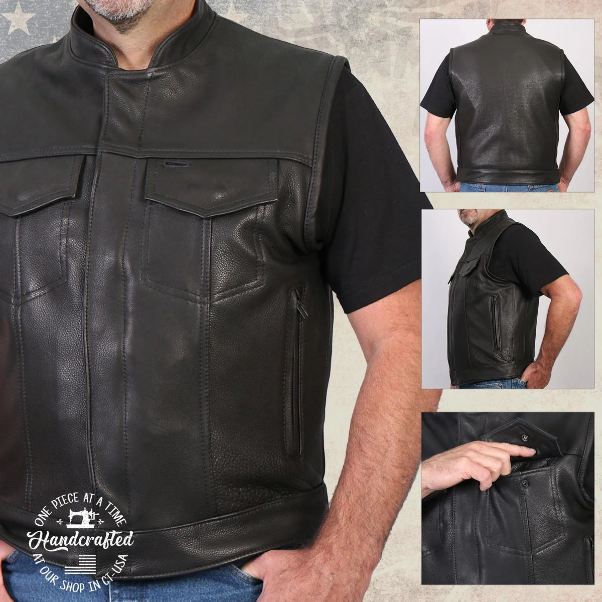 Hot Leathers VSM5004 USA Made Men's 'Chaos' Black Premium Dual Closure Leather Vest - Image 6
