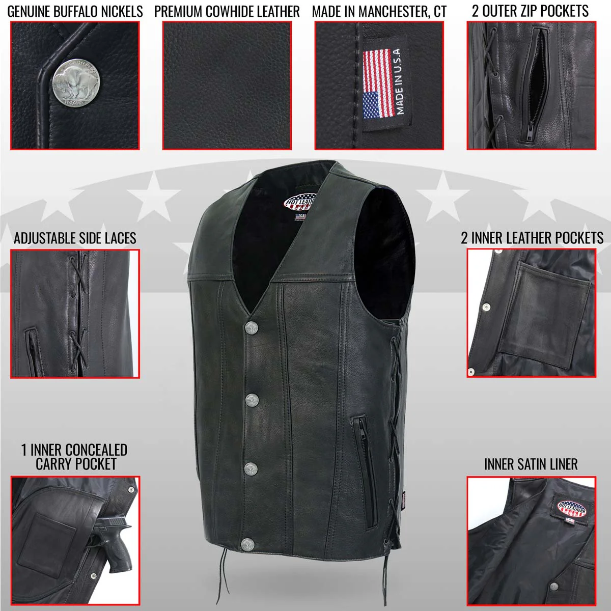Hot Leathers VSM5005 USA Made Men's 'Road Whip' Black Premium Leather Vest with Buffalo Nickel Snap Buttons - Image 2