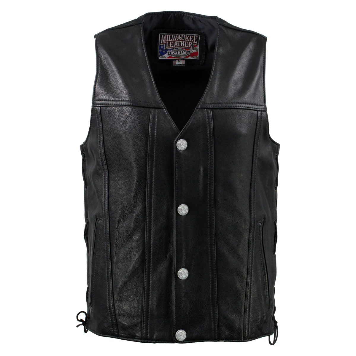 Hot Leathers VSM5005 USA Made Men's 'Road Whip' Black Premium Leather Vest with Buffalo Nickel Snap Buttons - Image 6