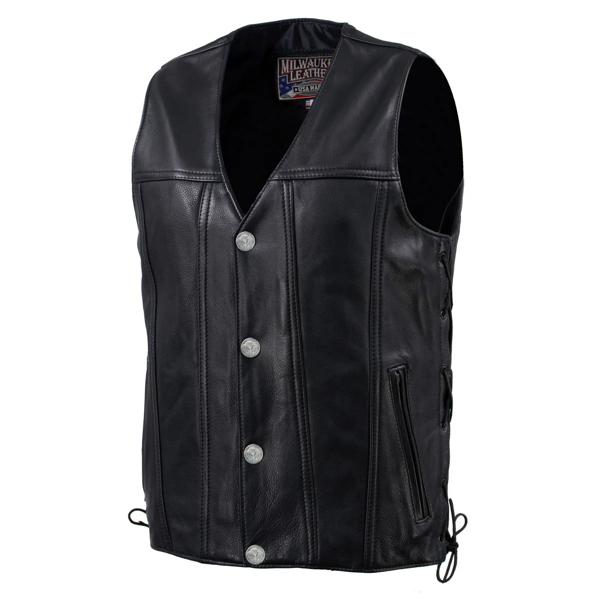 Hot Leathers VSM5005 USA Made Men's 'Road Whip' Black Premium Leather Vest with Buffalo Nickel Snap Buttons - Image 8