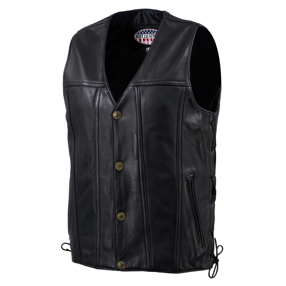 Hot Leathers VSM5005 USA Made Men's 'Road Whip' Black Premium Leather Vest with Buffalo Nickel Snap Buttons - Image 9