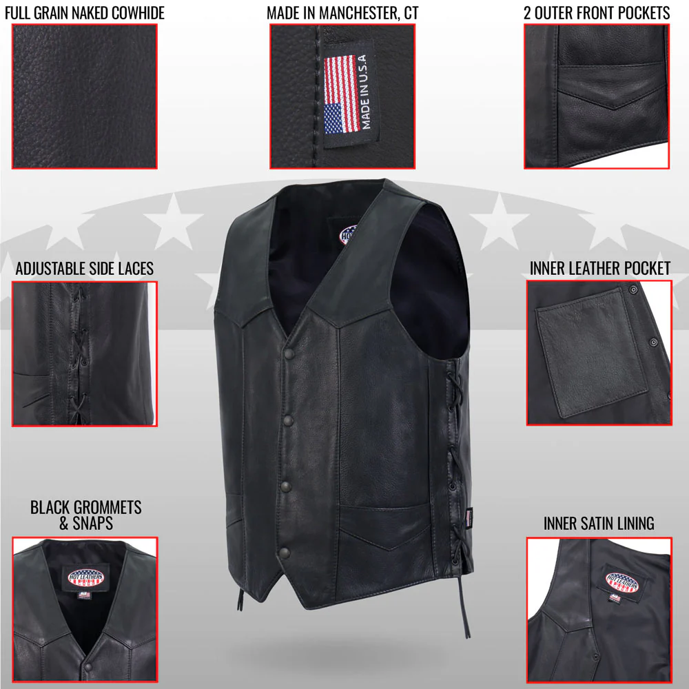 Hot Leathers VSM5008 USA Made Men's Black Western Style Side Lace Premium Leather Biker Vest - Image 4