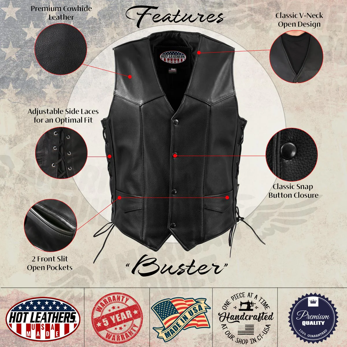 Hot Leathers VSM5008 USA Made Men's 'Buster' Black Side Lace Premium Leather Vest - Image 2