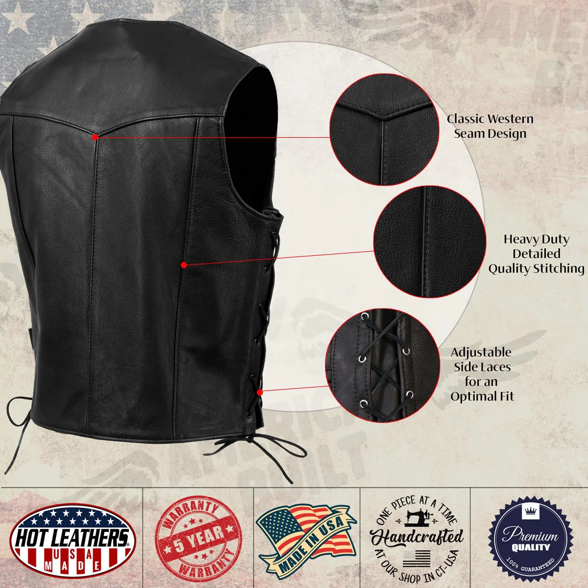 Hot Leathers VSM5008 USA Made Men's 'Buster' Black Side Lace Premium Leather Vest - Image 4